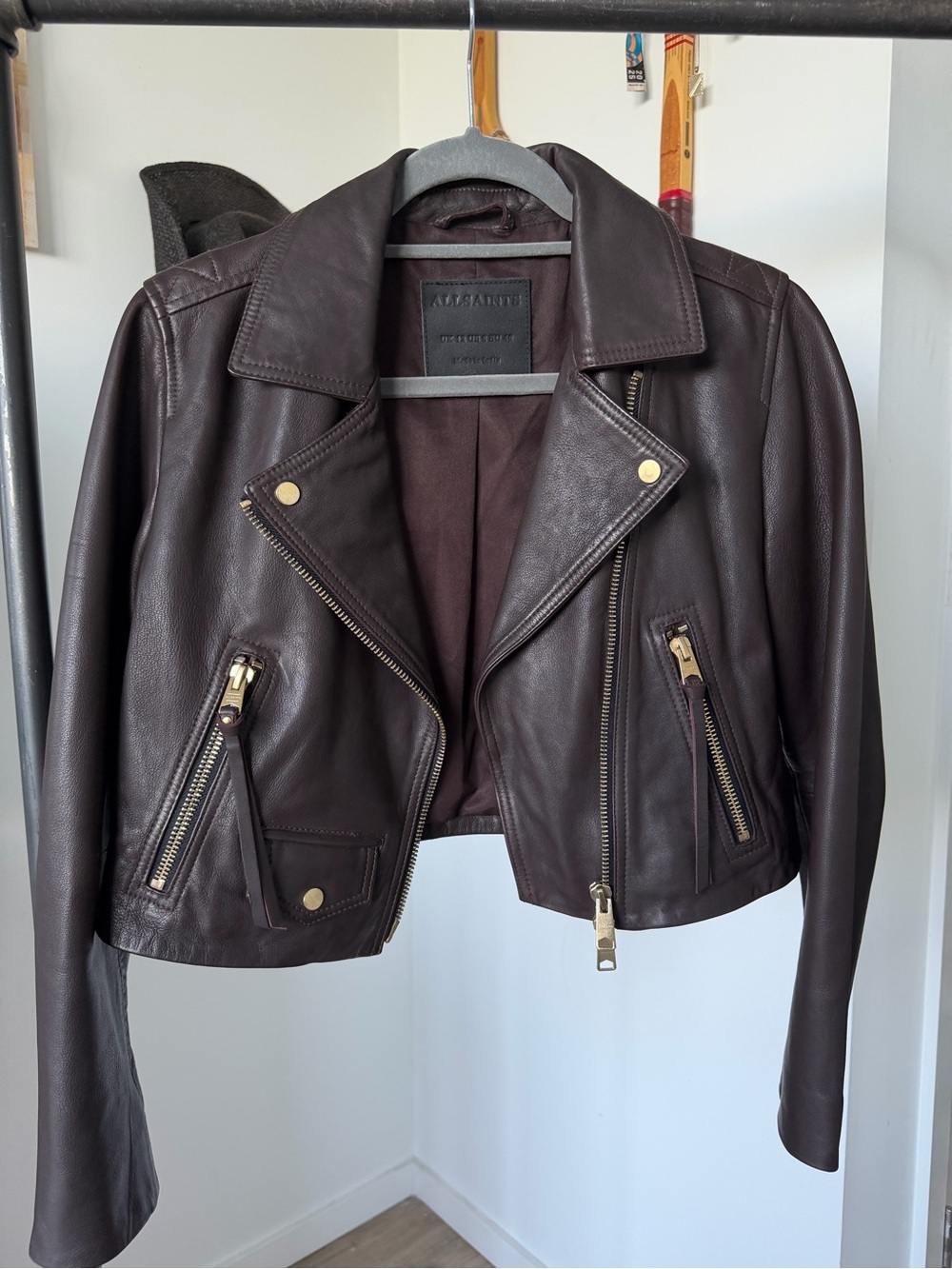 All Saints Women’s Brown Leather Cropped Biker Jacket